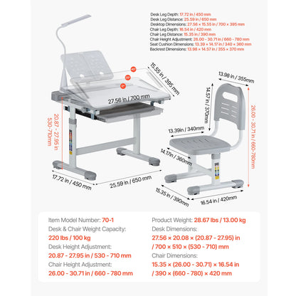 Kids Study Chair and Desk Set with Adjustable Height