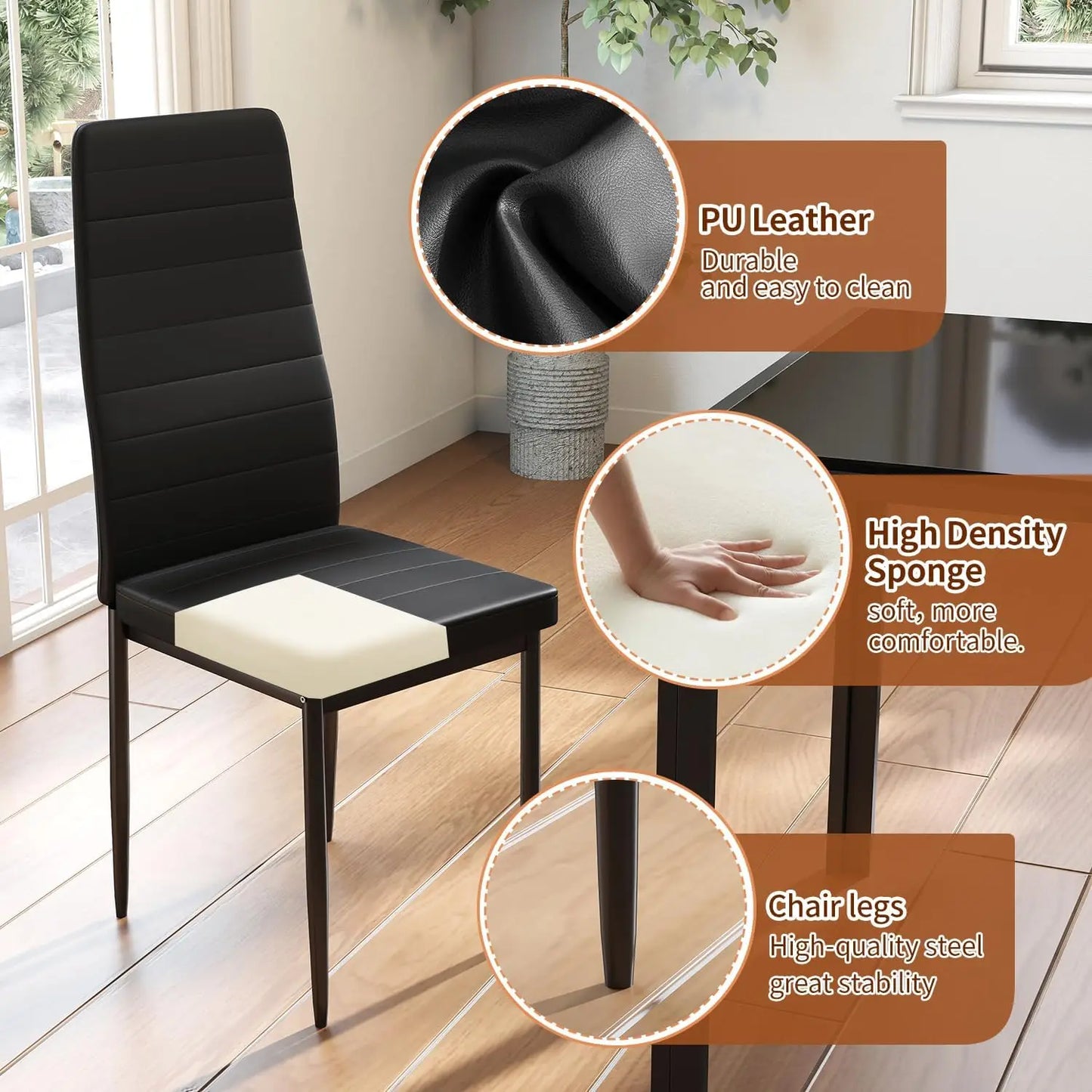 5-Piece Glass Dining Table Set for 4 with Upholstered Chairs