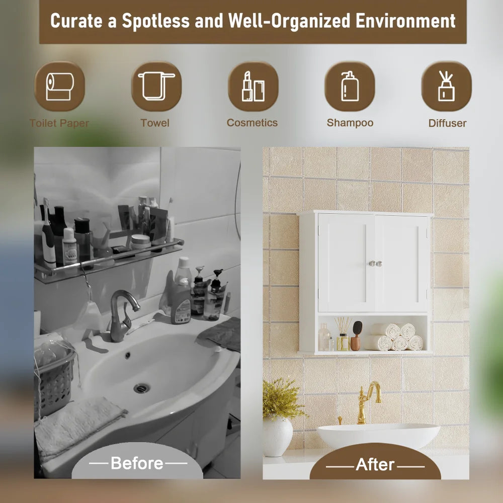 3-Tier Bathroom Wall Cabinet with Doors & Adjustable Shelves
