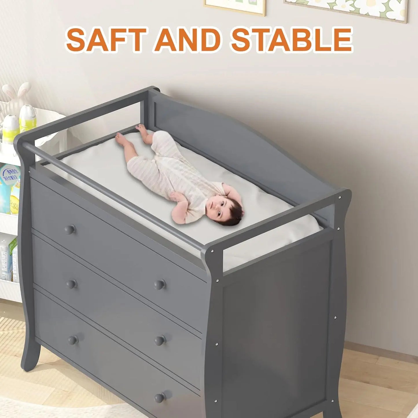 3 Drawer Wooden Diaper Changing Station with Safety Belt & Rails
