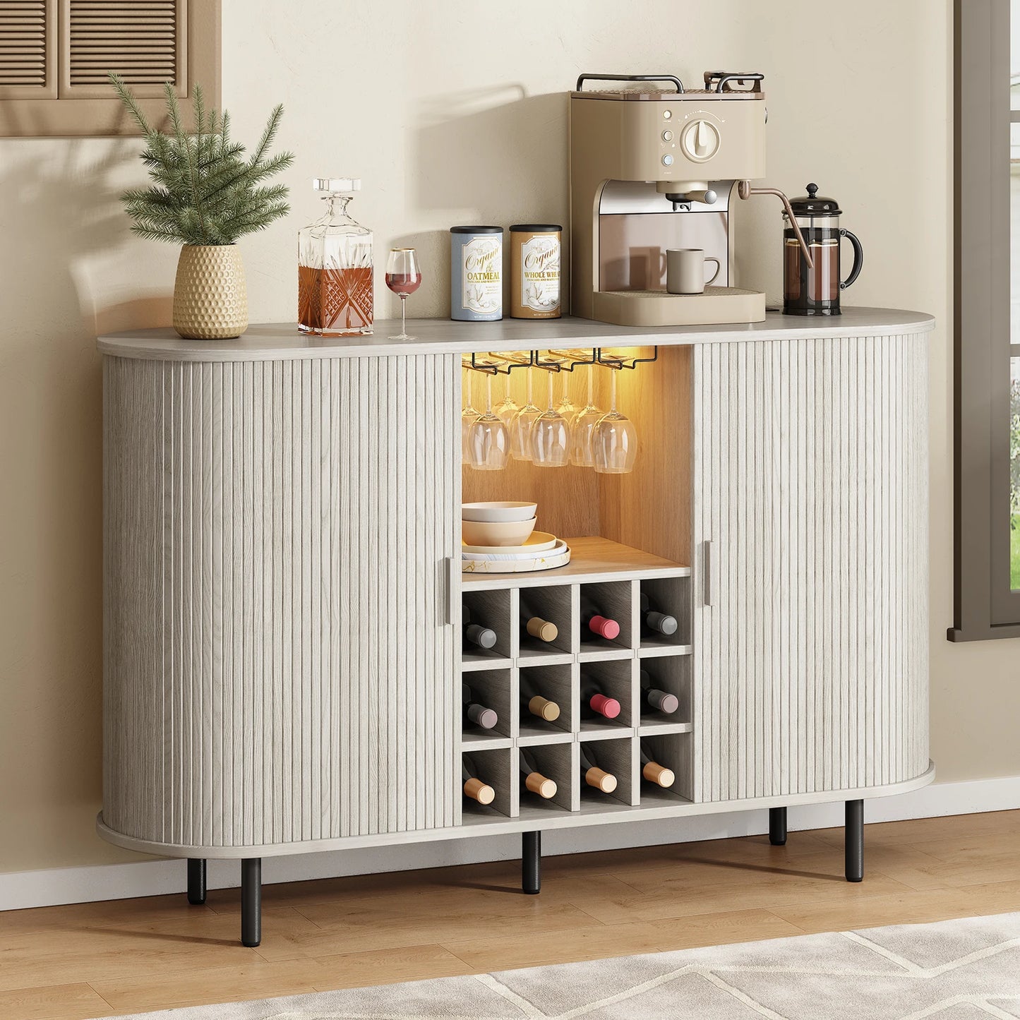 Wine Bar Cabinet w/ LED Light, Wine Rack & Glass Holder