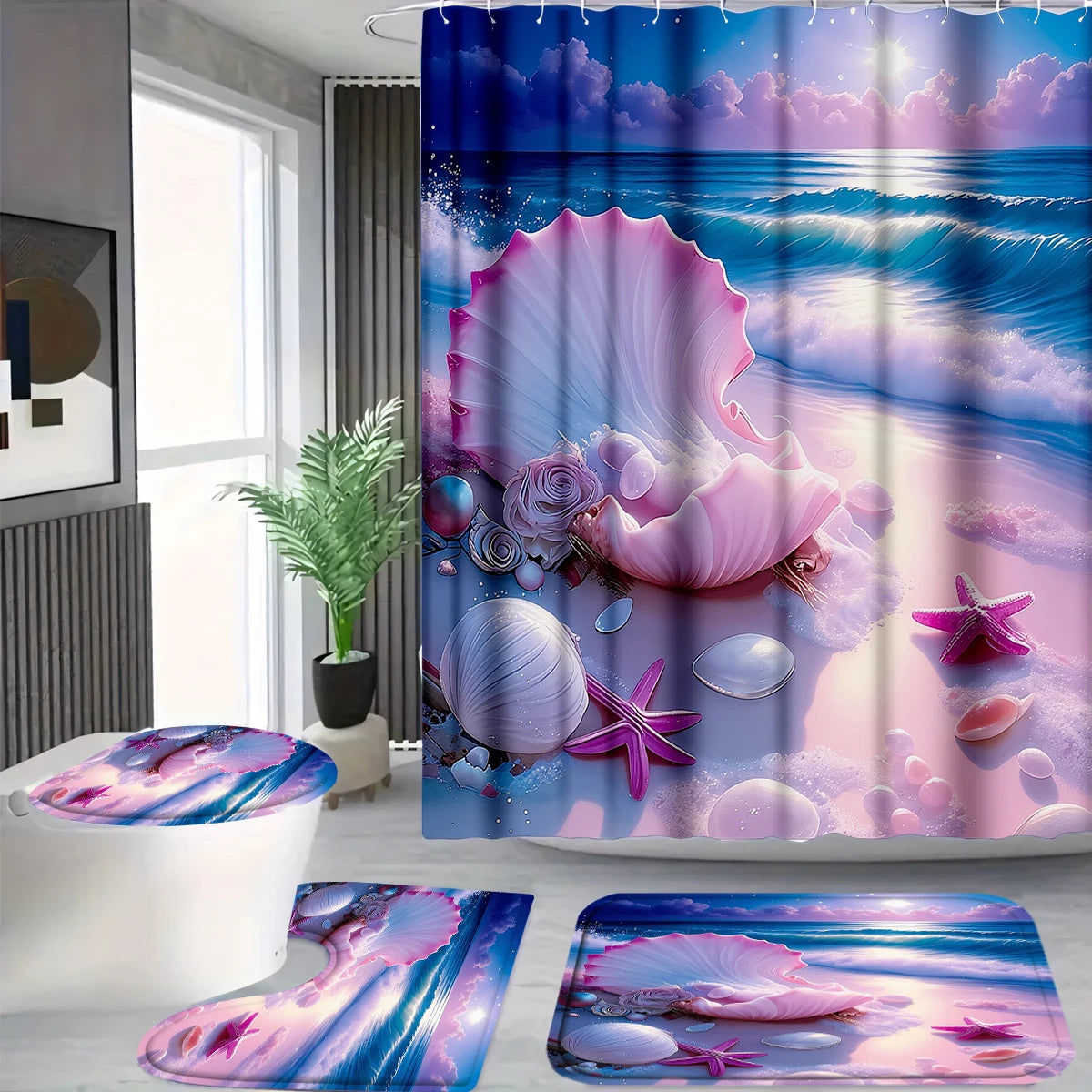4 Pcs Pink Seashell Beach Shower Curtain Bathroom Set