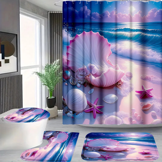 4 Pcs Pink Seashell Beach Shower Curtain Bathroom Set