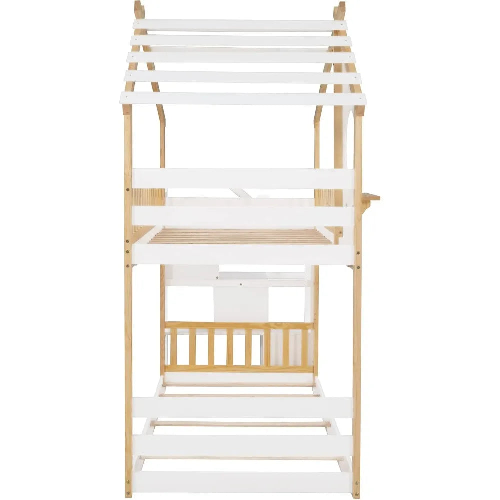 Stairway House Bunk Bed Frame with Storage and Guard Rail