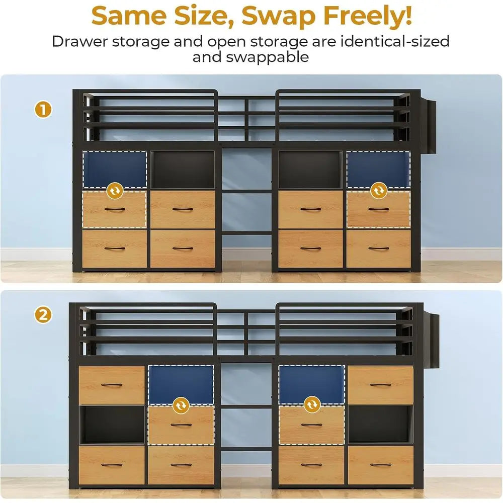 Low Loft Bed, Twin Size with Storage Drawers, Bookcase & LED Lights