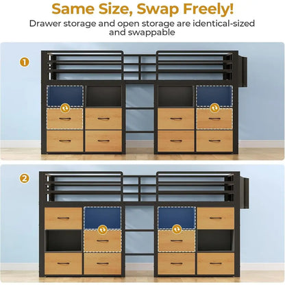 Low Loft Bed, Twin Size with Storage Drawers, Bookcase & LED Lights