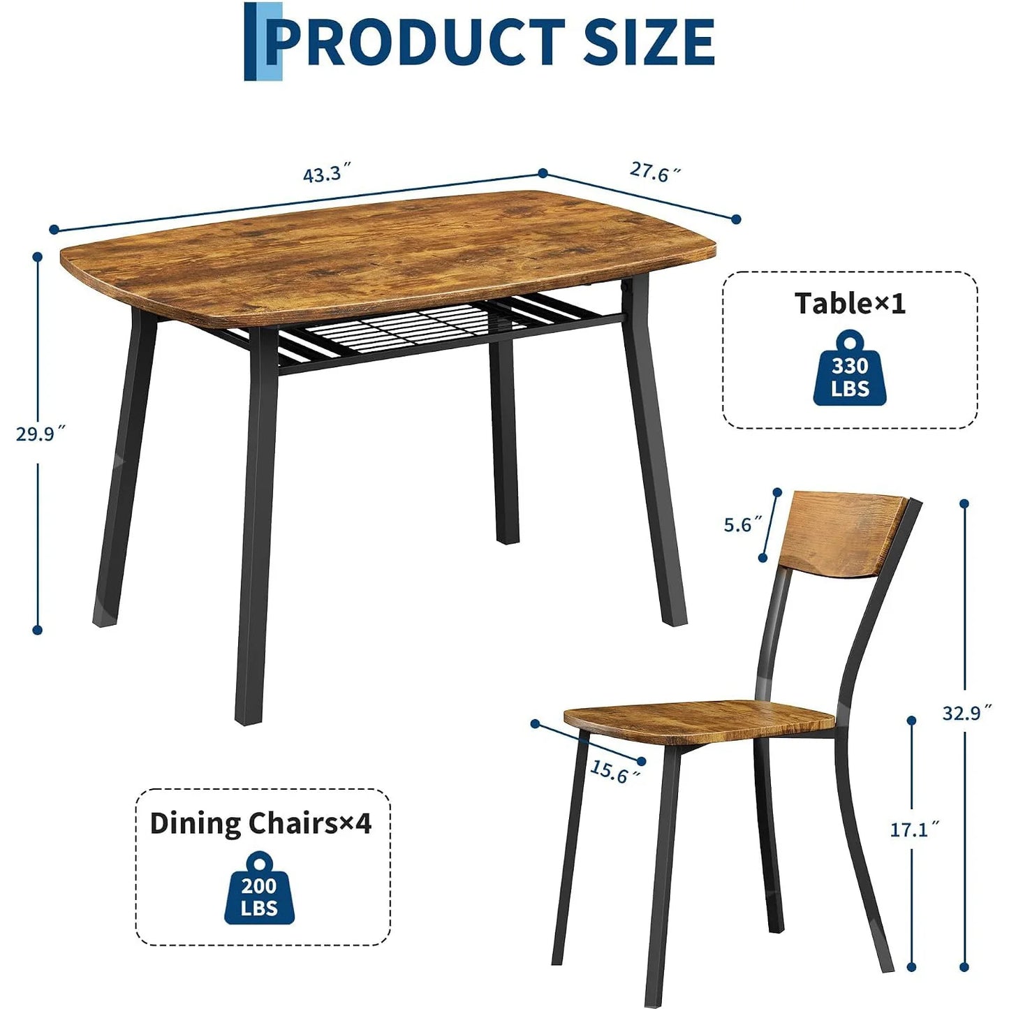 5 Piece Dining Table Set For 4 with Storage Shelf