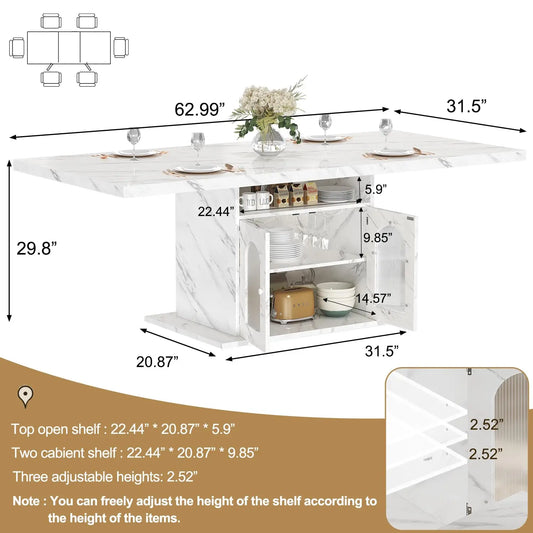 63" Rectangle Faux Marble Top Dining Table with Storage Shelves Seats 4-6