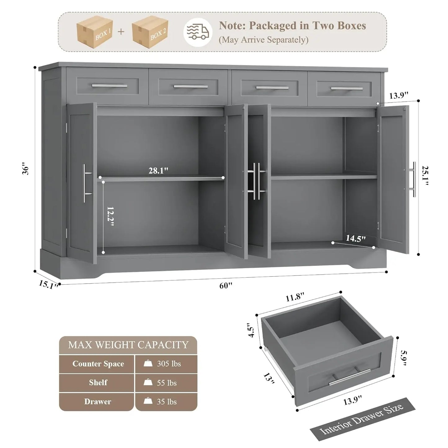 60" Large Buffet Sideboard with Storage & 4 Drawers