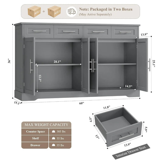 60" Large Buffet Sideboard with Storage & 4 Drawers