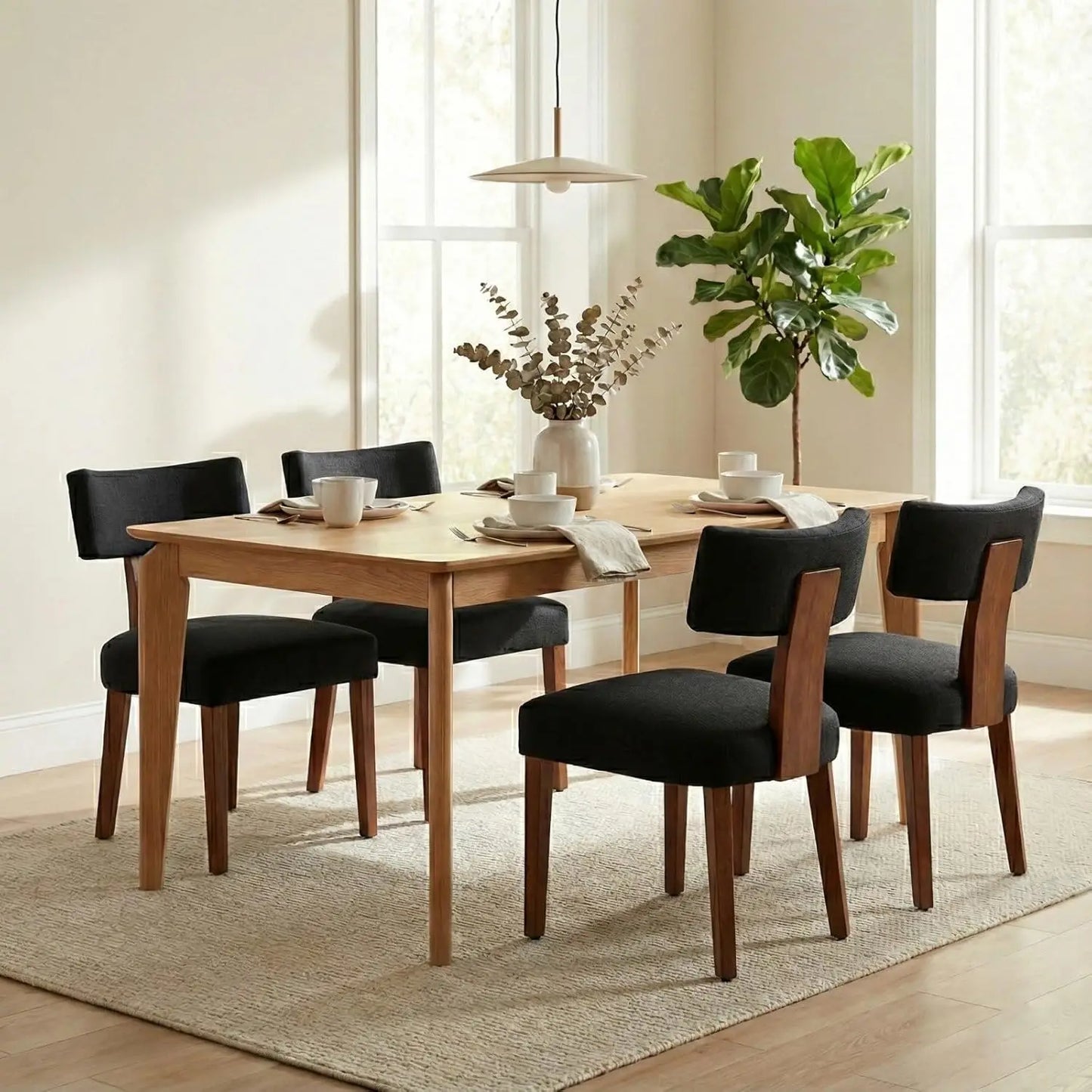 Set of 4 Mid-Century Fur Fabric Dining Chairs with Curved Backrest & Wood Legs