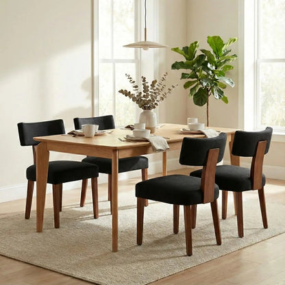 Set of 4 Mid-Century Fur Fabric Dining Chairs with Curved Backrest & Wood Legs