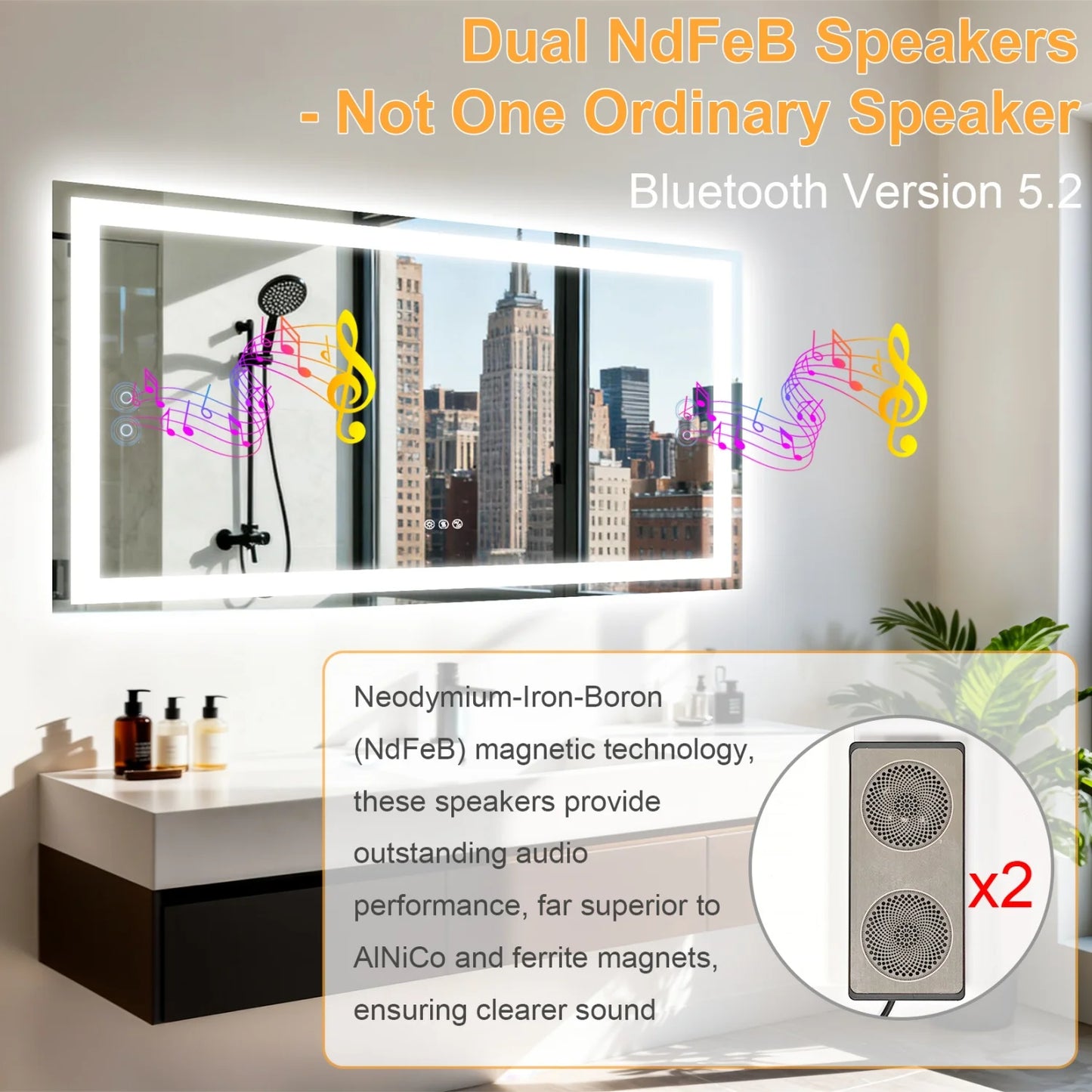 LED Bathroom Mirror w/ Speakers, Dimmable Backlit, Anti-Fog