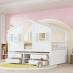 Floor House Bunk Bed with Roof and Window