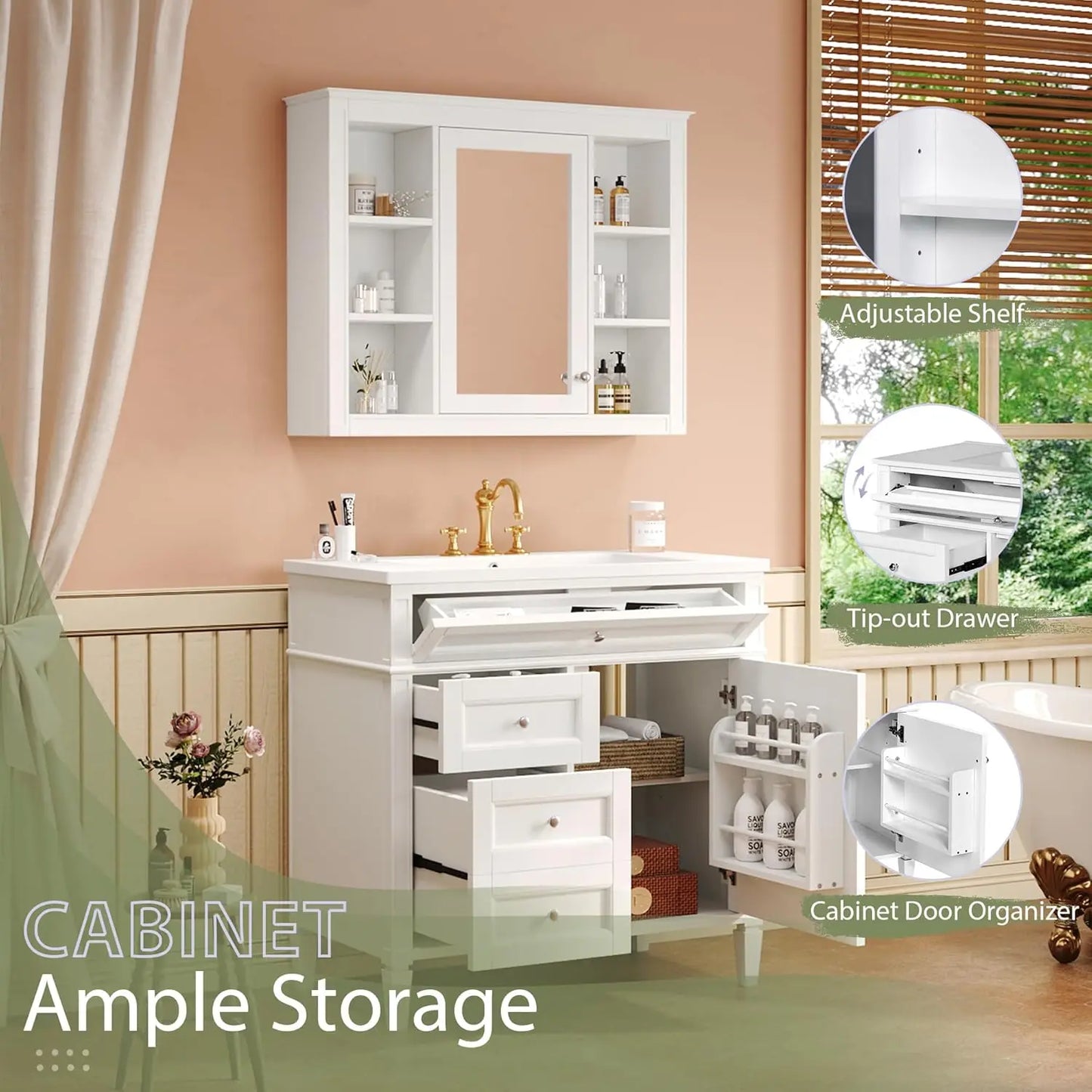 36" Bathroom Vanity Set with Mirror, Cabinet & Single Sink