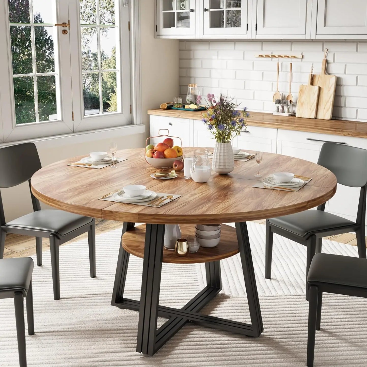 [ TABLE ONLY] 42" Round Kitchen Table with Storage Shelf