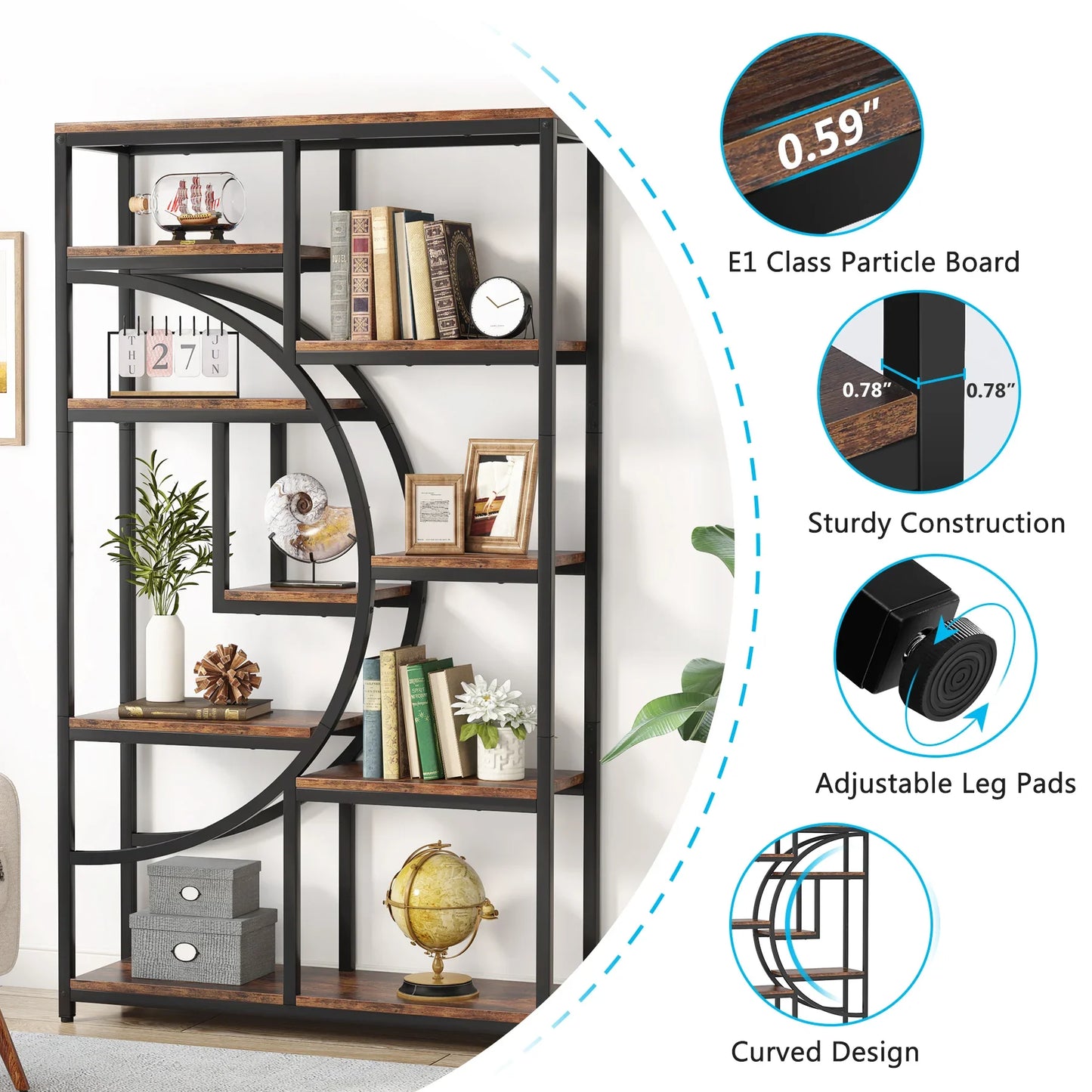 Elegant Geometric 5 Tier Bookshelf with Open Display Shelves