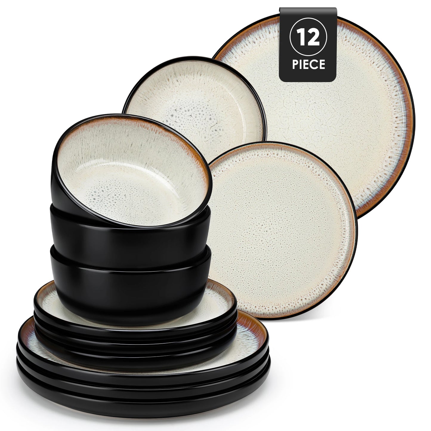 12/16 Piece Matte Black Stoneware Plats Set