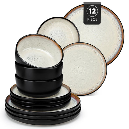 12/16 Piece Matte Black Stoneware Plats Set
