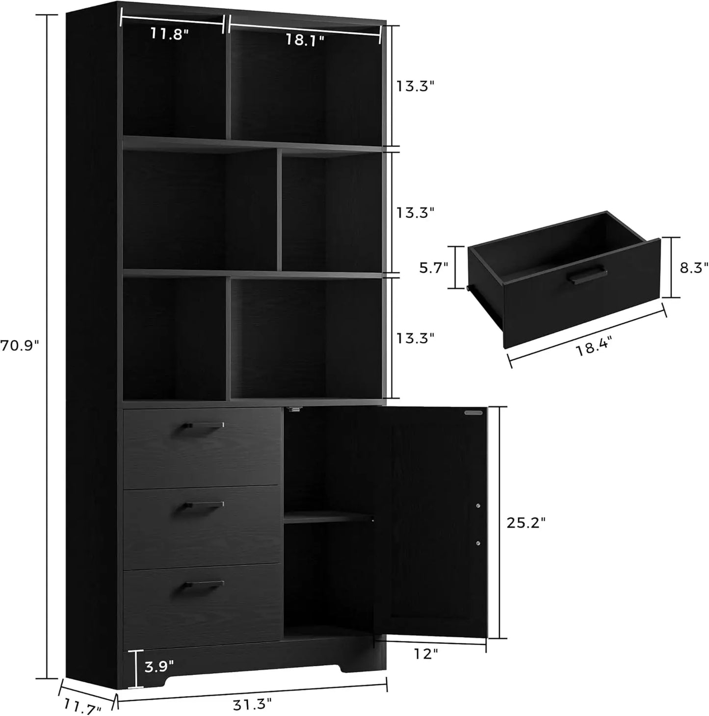 70.9 inch Tall Bookcase with Door & Drawers