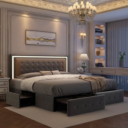LED Bed Frame with 4 Storage Drawers & Upholstered Headboard
