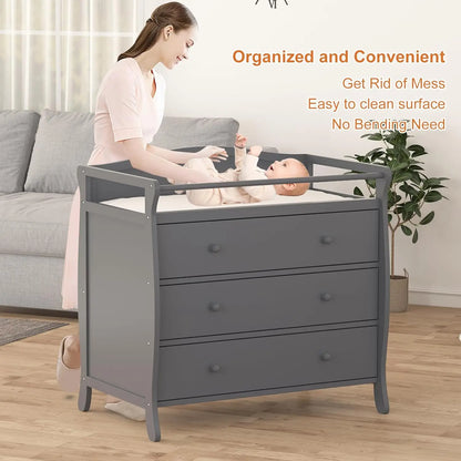 3 Drawer Wooden Diaper Changing Station with Safety Belt & Rails