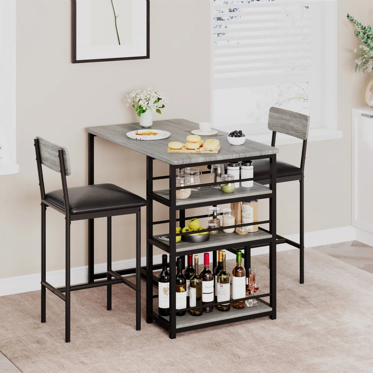 2-Person Dining Table Set with 2 Chairs & 3 Storage Shelves