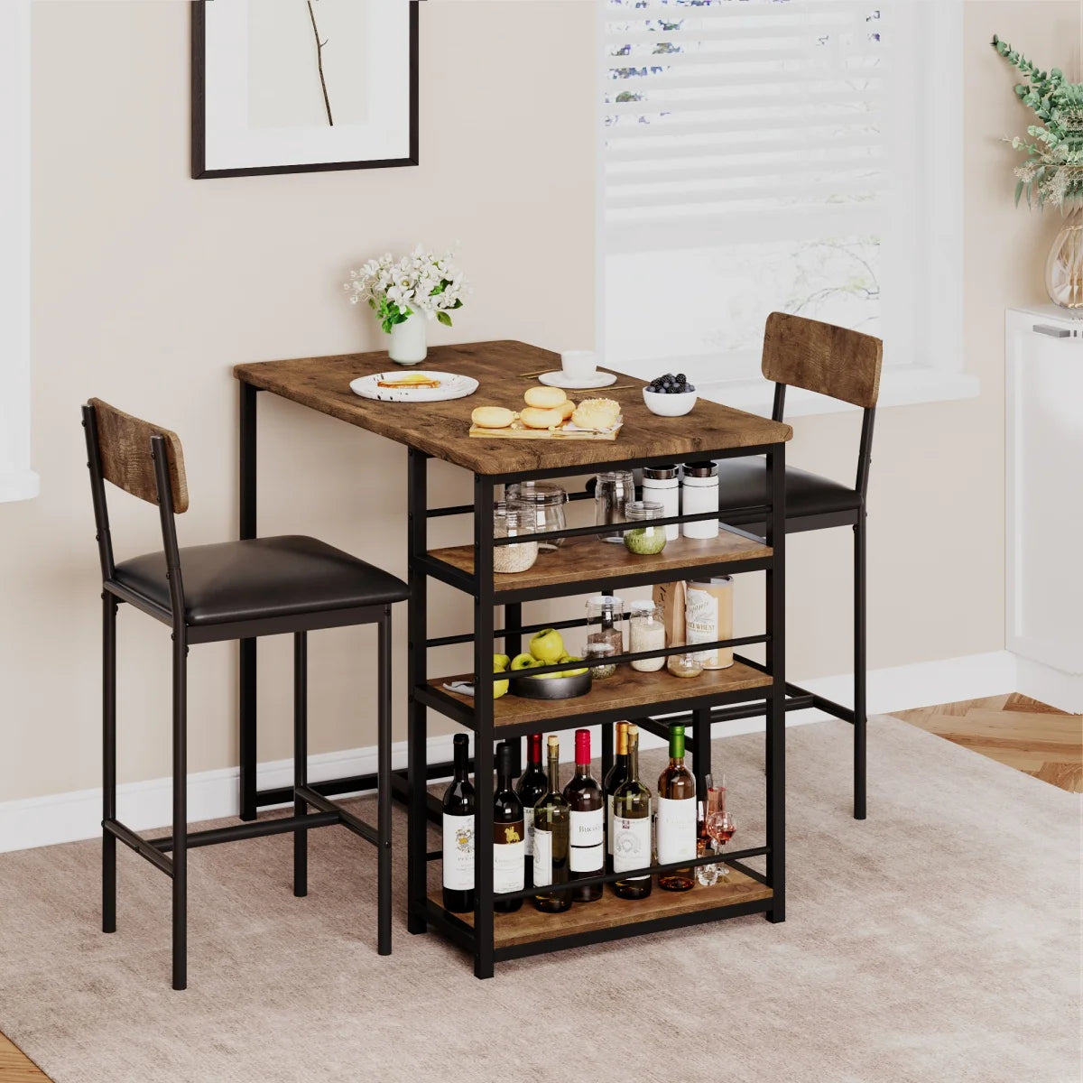2-Person Dining Table Set with 2 Chairs & 3 Storage Shelves