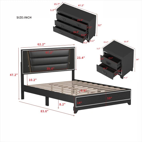 3 PCS Queen Bedroom Sets, Upholstered Bed, Nightstands & Dresser
