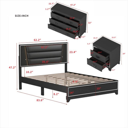 3 PCS Queen Bedroom Sets, Upholstered Bed, Nightstands & Dresser