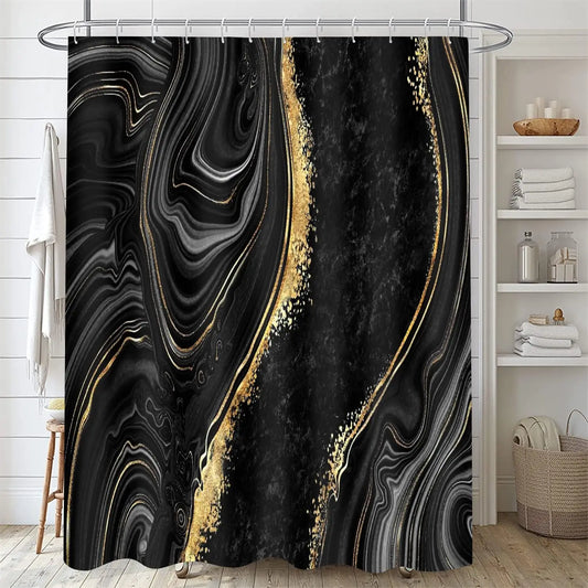 4-Piece Black Marble Shower Curtain Set with Rugs