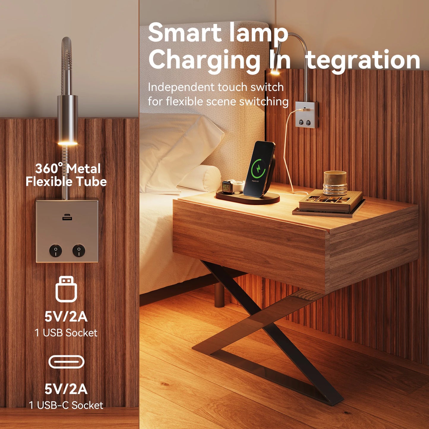 Luxury King Size Bed with Integrated Nightstands & Reading Lamps