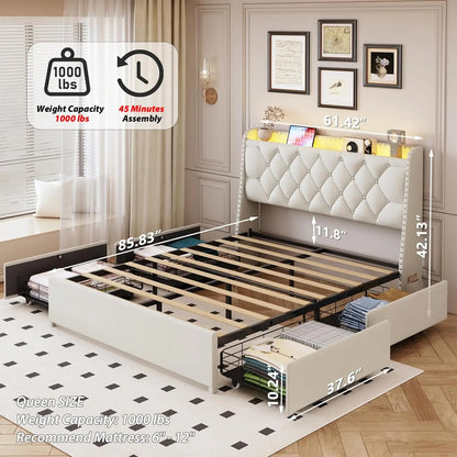 Queen Size Upholstered Platform Bed with LED Lights, Charging Station, 4 Drawers & Storage Shelf