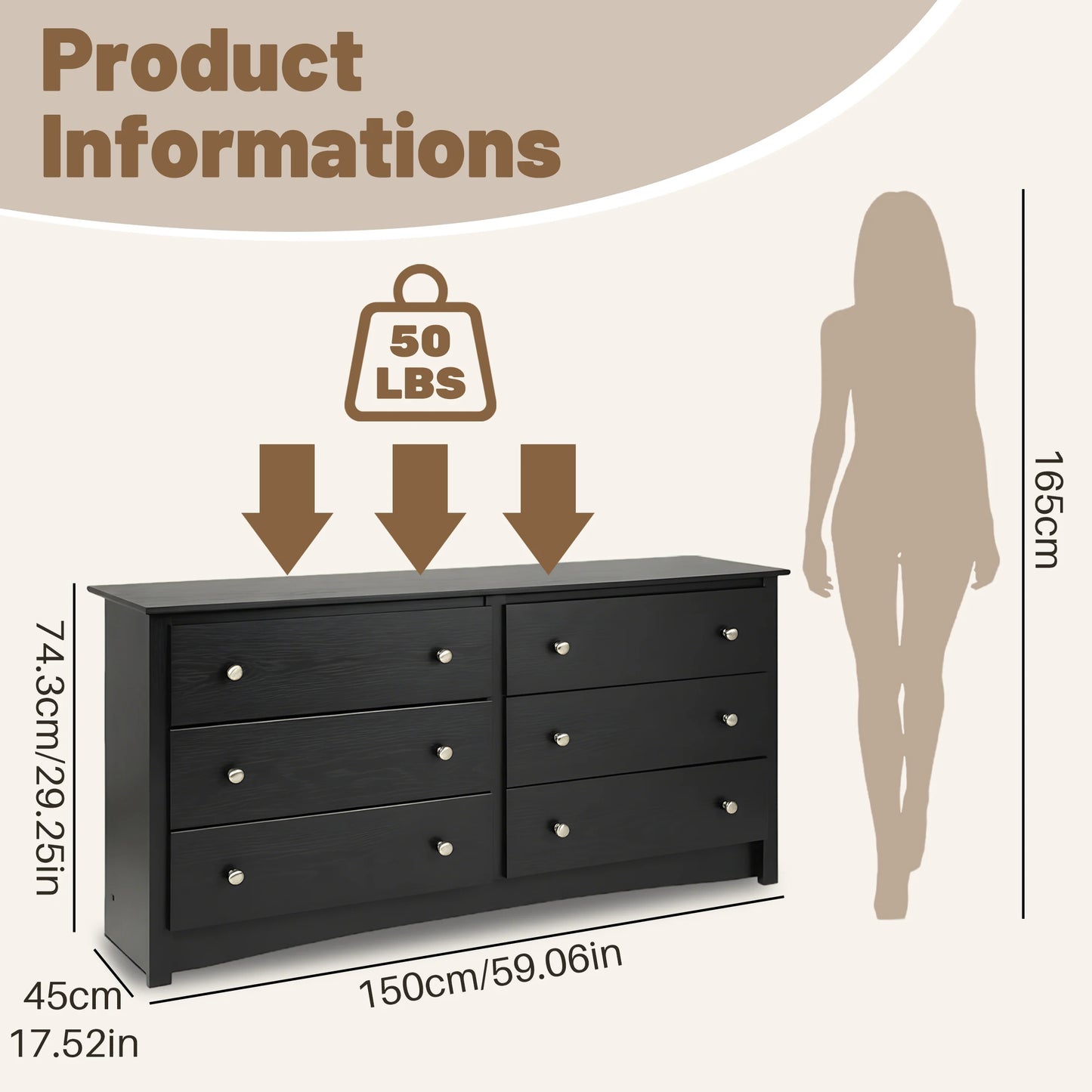 59" Wide Chest of Drawers with 6 Wood Drawers for Storage