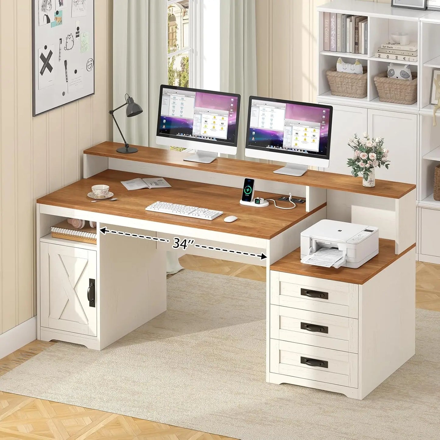 Computer Desk with Power Outlets & Storage Drawers