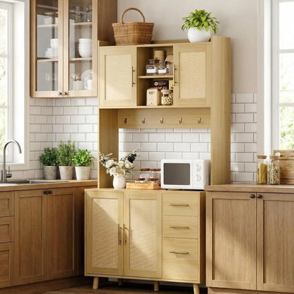 Rattan Kitchen Pantry Cabinet with 3 Drawers & Adjustable Shelves