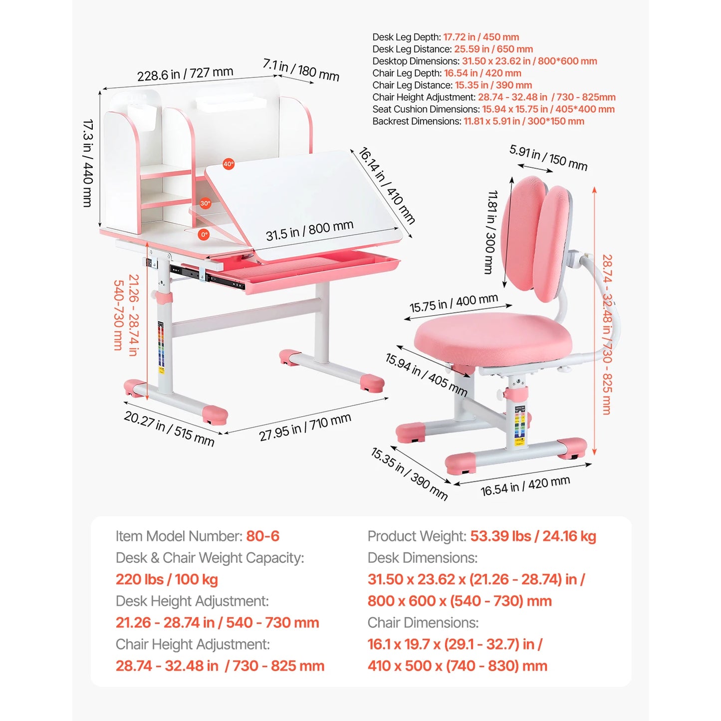 Kids Study Chair and Desk Set with Adjustable Height