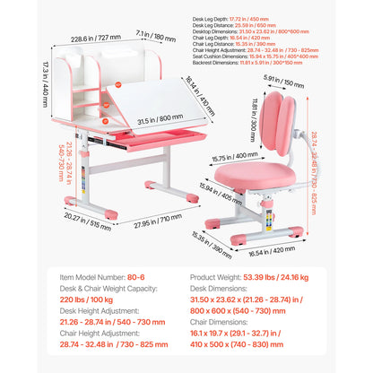 Kids Study Chair and Desk Set with Adjustable Height