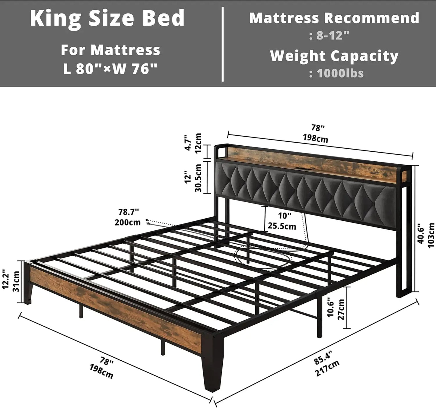 Multi Size Bed Frames with Storage Headboard