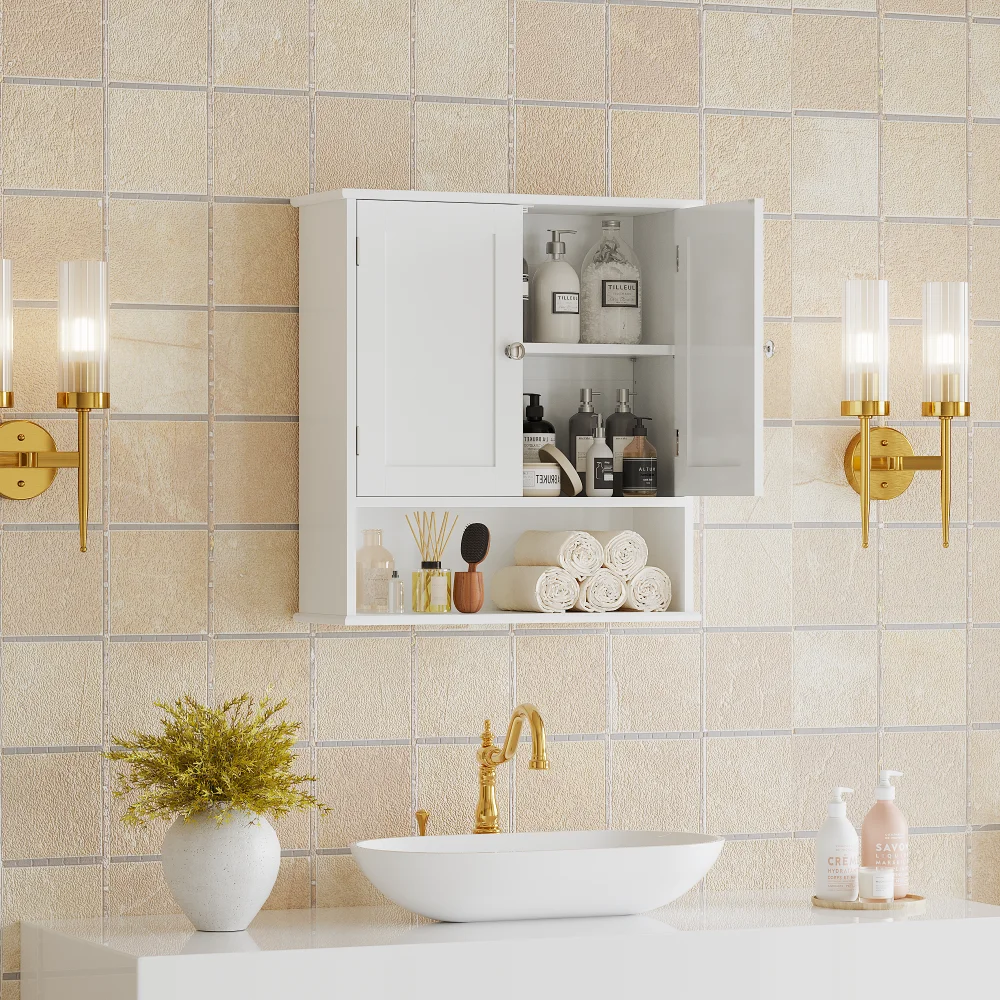 3-Tier Bathroom Wall Cabinet with Doors & Adjustable Shelves