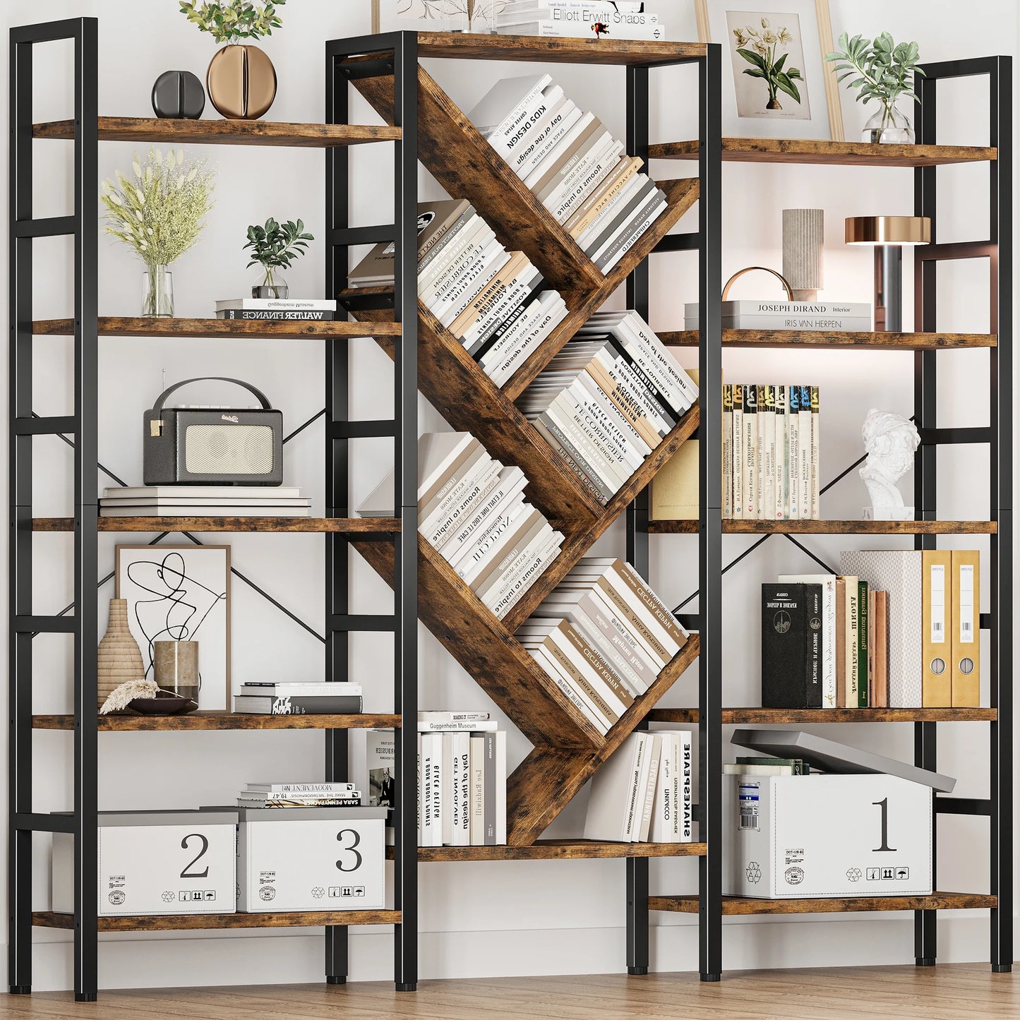 Large Wooden Bookcase with 17 Open Display Shelves