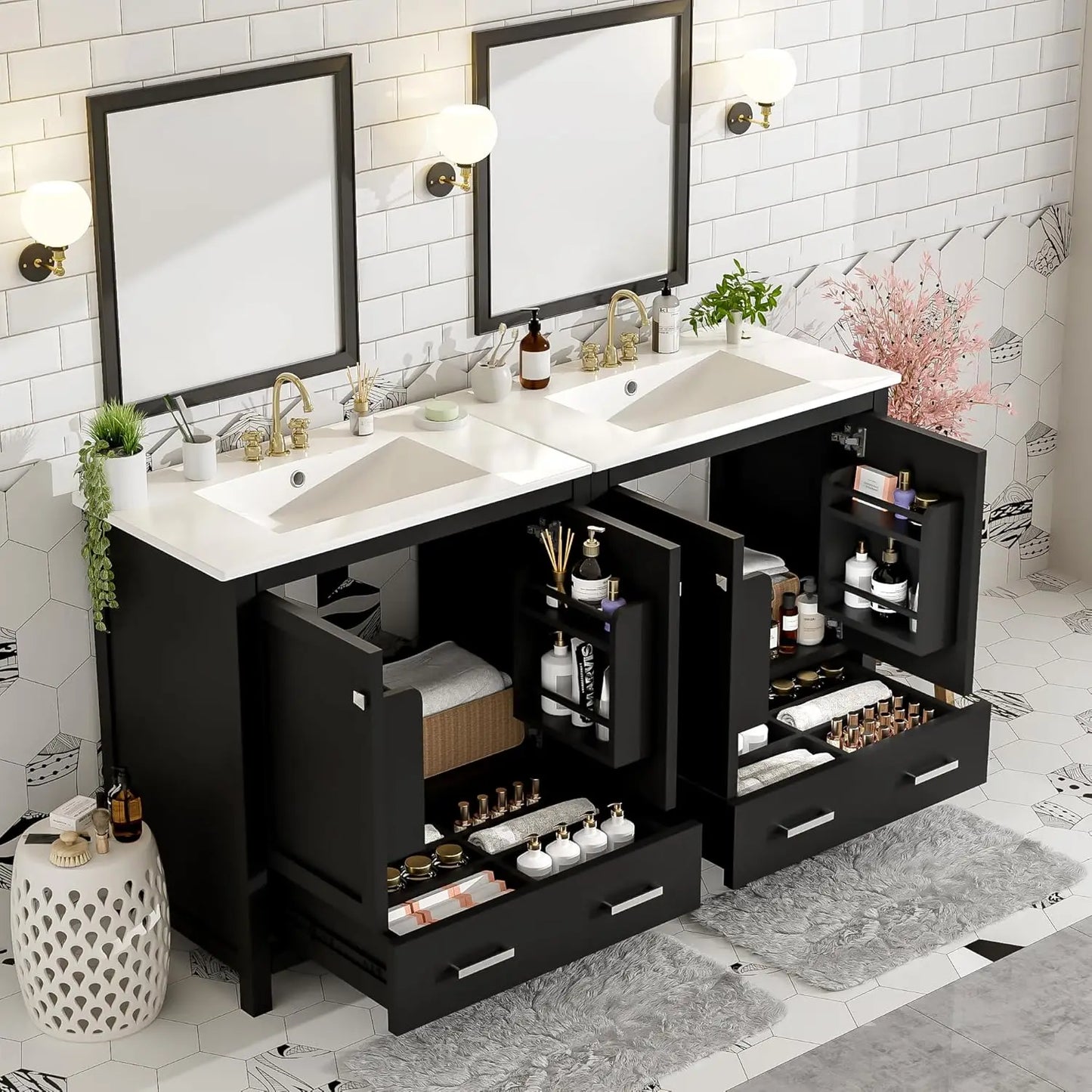 60" Solid Wood Double Sink Bathroom Vanity with Sink Top