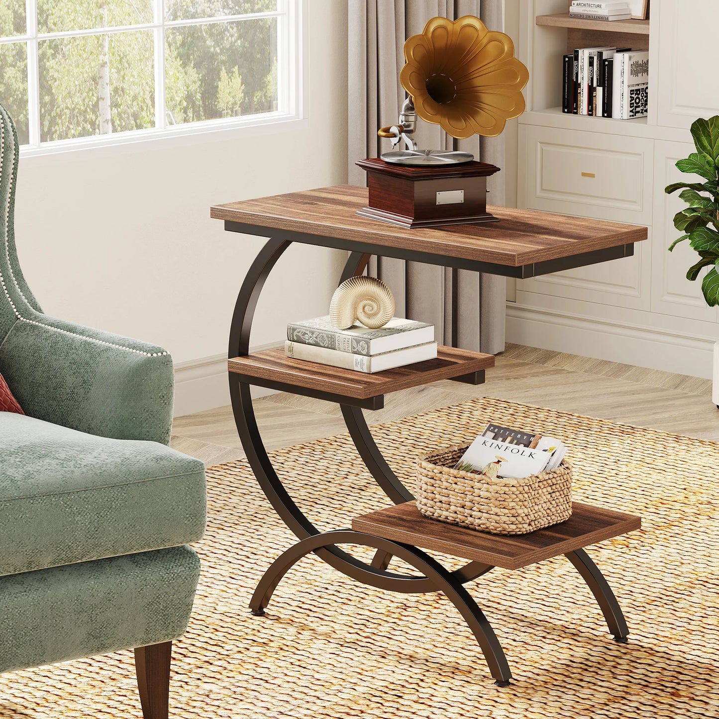 3-Tier, C-Shaped End Table with Storage Shelves