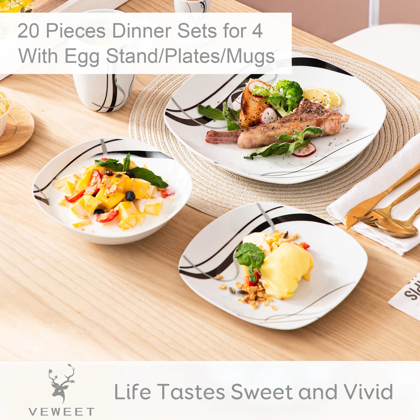 20/40 Piece Black Stripe Porcelain Dinner Kitchen Plate Set