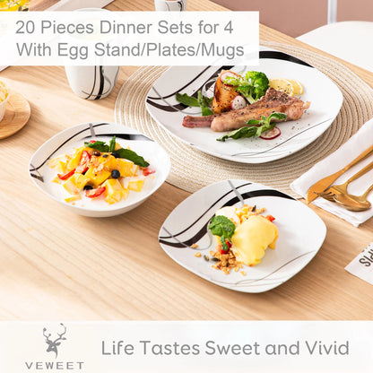 20/40 Piece Black Stripe Porcelain Dinner Kitchen Plate Set