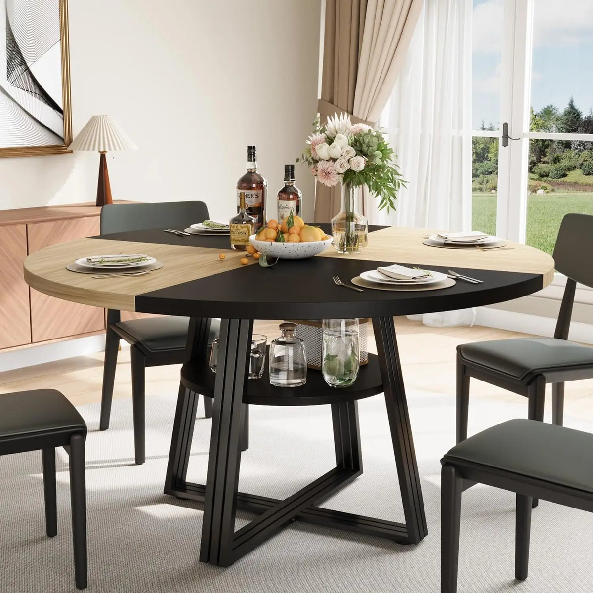 Round Farmhouse Dining Table with Shelf