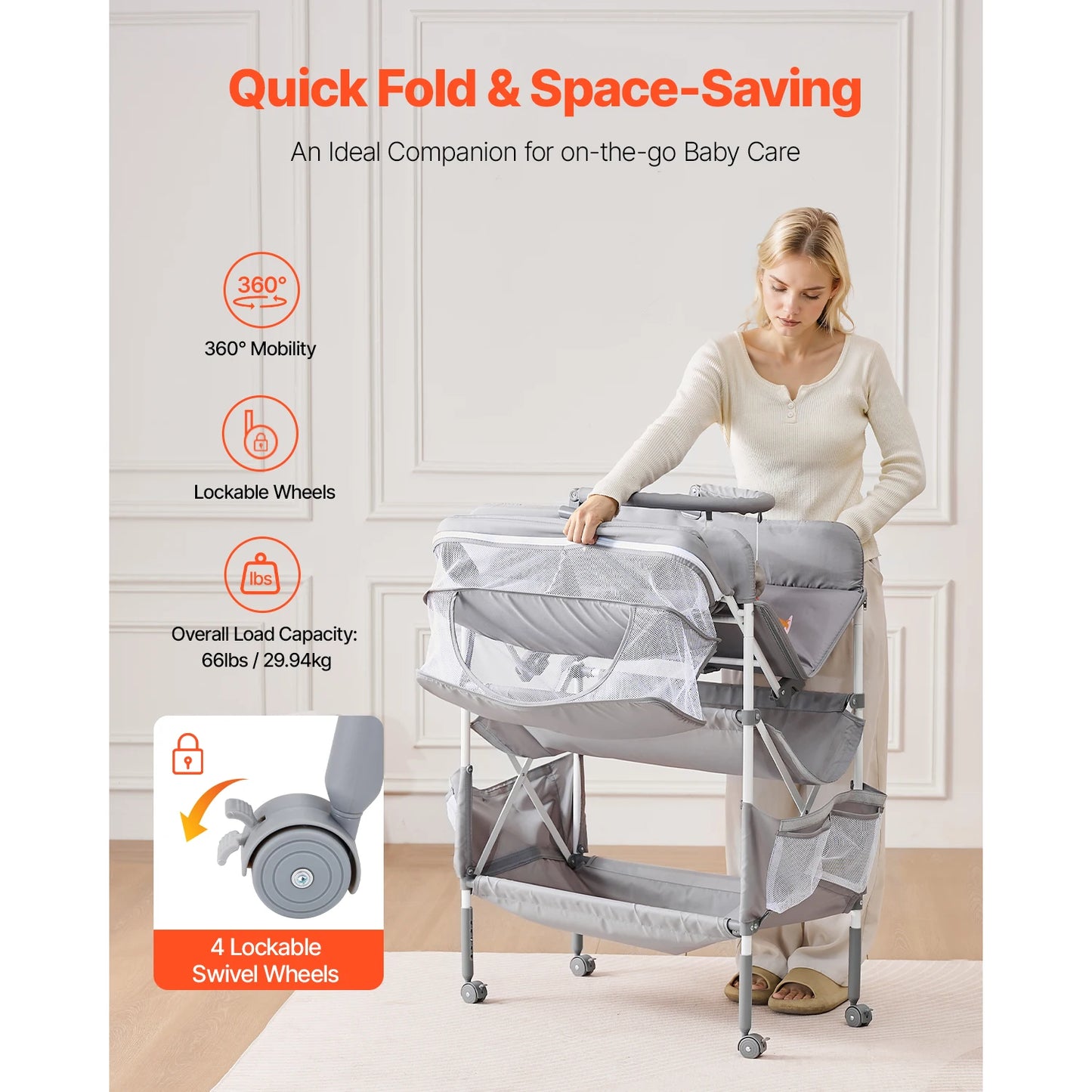 Foldable Diaper Changing Station with 2 Fabric Drawers & Side Basket