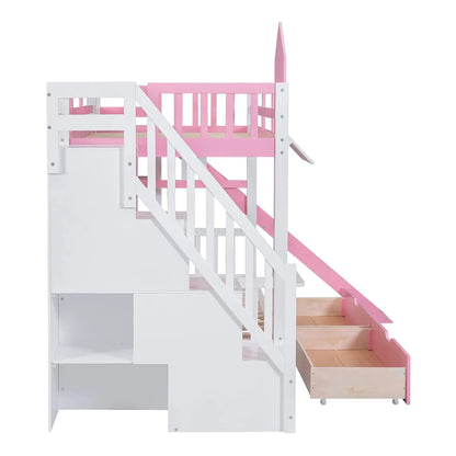 Castle Style Kids Bunk Bed with Stairs and Slide