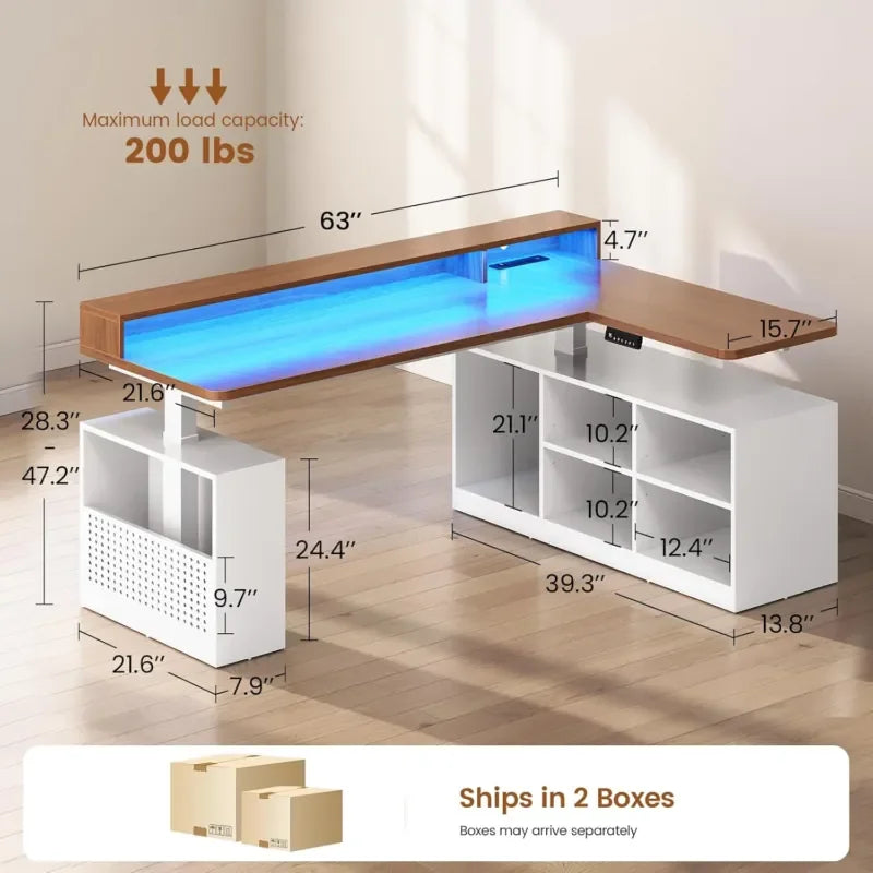 L Shaped Electric Standing Desk with Storage Shelves & LED Lights