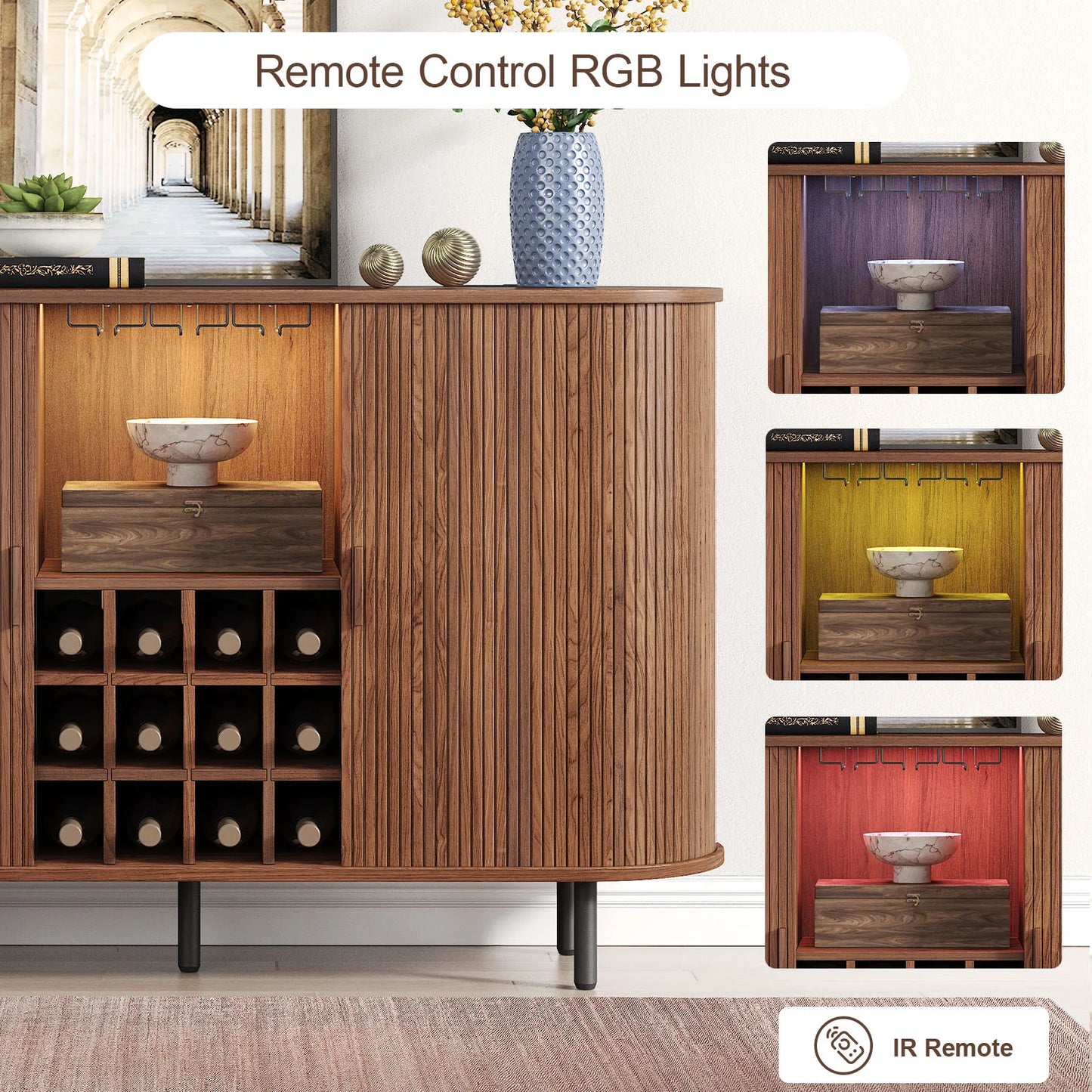 Wine Bar Cabinet w/ LED Light, Wine Rack & Glass Holder